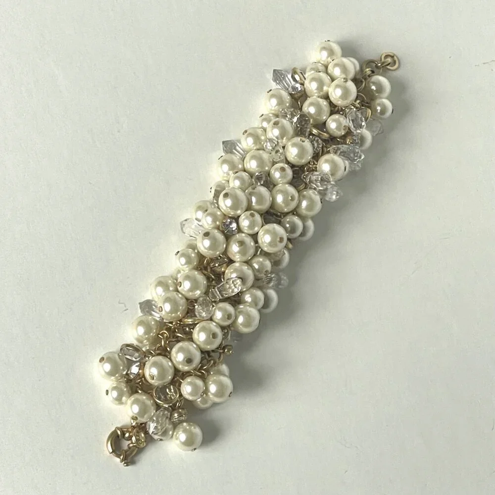 J.Crew Faux Pearl & Crystal Cluster Gold Chain Statement Bracelet